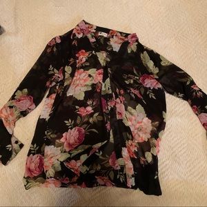 Sheer floral button down with pull up sleeves